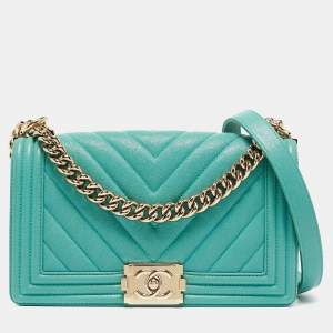 Pre Owned Chanel Aqua Green Chevron Caviar Leather Medium Boy Flap Bag