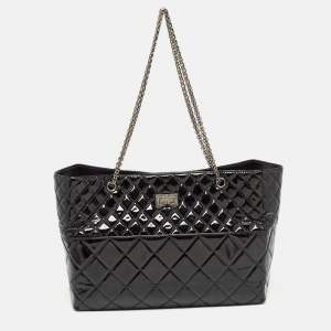 Pre Owned Chanel Black Quilted Patent Leather Reissue East West Tote