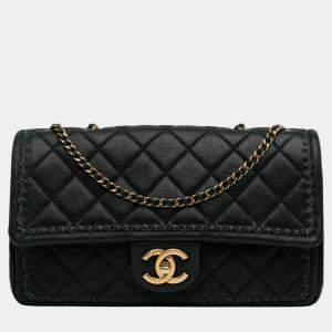 Pre Owned Chanel Black Quilted Lambskin Stitch Single Flap