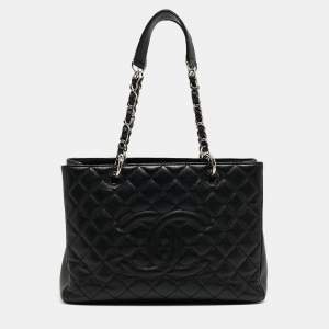 Pre Owned Chanel Black Quilted Caviar Leather Grand Shopper Tote