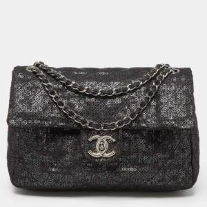 Pre Owned Chanel Black Mesh and Sequins Jumbo Classic Flap Bag