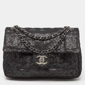 Chanel Black Mesh and Sequins Jumbo Classic Flap Bag