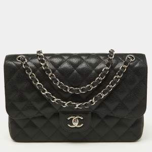 Pre Owned Chanel Black Quilted Caviar Leather Jumbo Classic Double Flap Bag