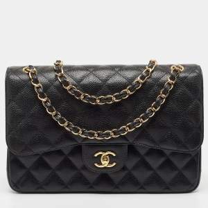 Pre Owned Chanel Black Quilted Caviar Leather Jumbo Classic Double Flap Bag
