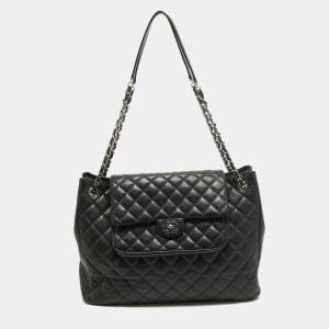 Pre Owned Chanel Black Quilted Caviar Leather Front Flap Pocket Tote
