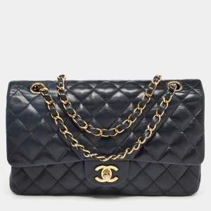 Pre Owned Chanel Navy Blue Quilted Leather Medium Classic Double Flap Bag