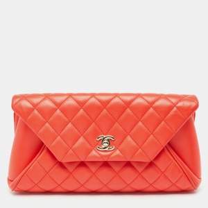 Pre Owned Chanel Red Quilted Lambskin Leather Fold Up Again Clutch