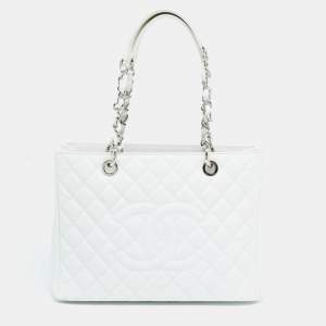 Chanel White Quilted Caviar Leather Grand Shopping Tote