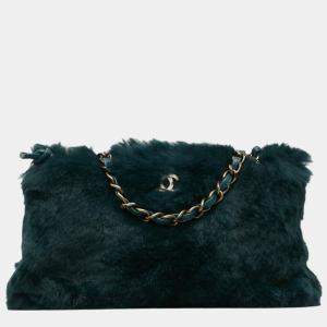 Chanel Green Leather CC Fur Chain Shoulder Bag