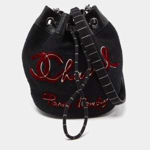 Chanel Black Wool and Leather Embroidered Paris Hamburg Drawstring Bag