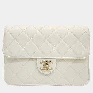 Chanel White caviar Leather Flap chain shoulder bag