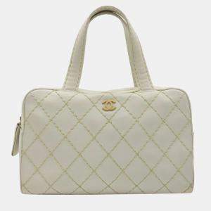 CHANEL Leather White  Wild Stitch Handbag Boston Bag 