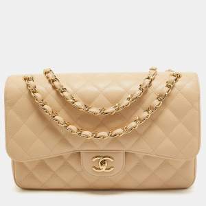 Pre Owned Chanel Light Beige Quilted Caviar Leather Jumbo Classic Double Flap Bag