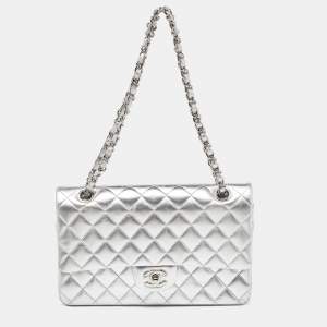 Pre Owned Chanel Silver Quilted Leather Medium Classic Double Flap Bag