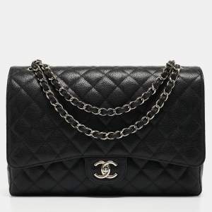 Pre Owned Chanel Black Quilted Caviar Leather Maxi Classic Double Flap Bag