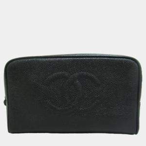 Chanel Black Leather CC Caviar Clutch Vanity Bag  