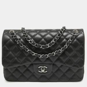 Pre Owned  Chanel Black Quilted Caviar Leather Jumbo Classic Double Flap Bag