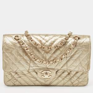 Pre Owned Chanel Gold Chevron Patent Leather Medium Classic Double Flap Bag