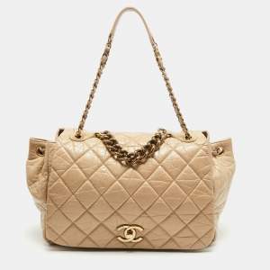 Pre Owned Chanel Beige Quilted Aged Leather Pondicherry Flap Bag