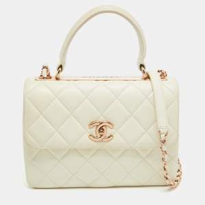 Pre Owned Chanel Off White Quilted Leather Small Trendy CC Flap Bag