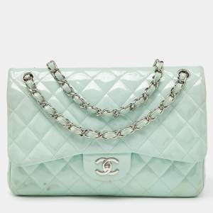 Chanel Green Quilted Patent Leather Jumbo Classic Double Flap Bag