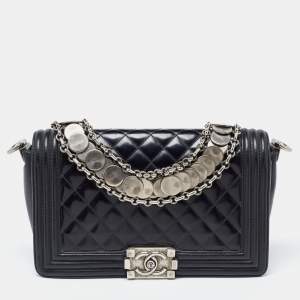 Chanel Black Quilted Patent Leather Medium Boy Bag