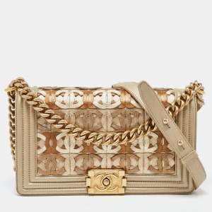 Pre Owned Chanel Gold CC Cut Out Leather Medium Boy Bag