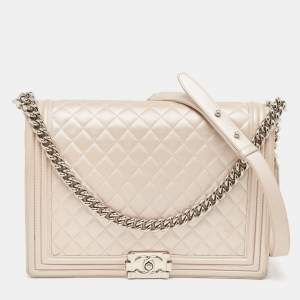 Chanel Pearl White Shimmer Quilted Leather Large Boy Flap Bag