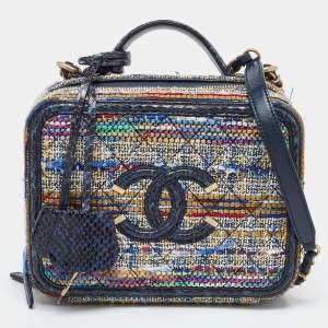 Pre Owned Chanel Multicolor Quilted Tweed and Python Medium CC Filigree Vanity Case Bag
