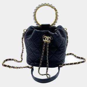 Chanel Black Leather Pearl Top Handle Bucket Bag