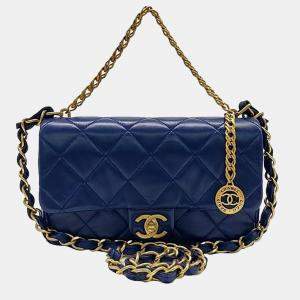 Pre Owned Chanel Navy Blue Leather Coin Chain Flap Bag
