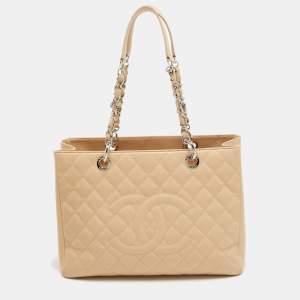 Pre Owned Chanel Beige Quilted Caviar Leather GST Shopper Tote