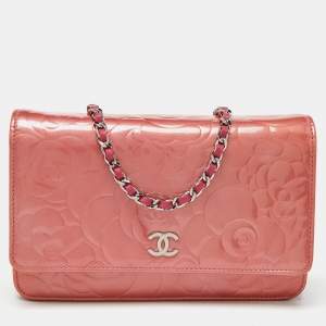 Chanel Pink Camellia Patent and Leather Wallet On Chain