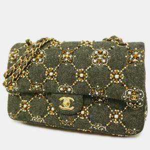 Chanel Green Pearl & Crystal Classic Double Flap Shoulder Bag