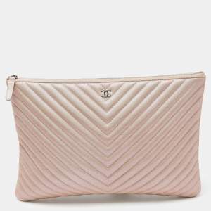 Pre Owned Chanel Pearl Beige Chevron Caviar Leather Large O-Case Zip Pouch
