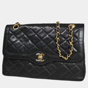 Chanel Black Leather Paris Double Flap Shoulder Bag