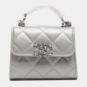 Chanel Grey Lambskin Leather Top Handle Mini Crossbody Bag