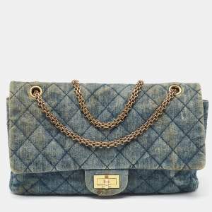 Pre Owned Chanel Blue Quilted Denim Classic 227 Reissue 2.55 Flap Bag