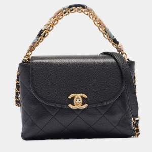 Chanel Black Quilted Leather CC Chain Scarf Top Handle Bag