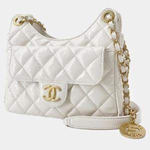 CHANEL White Patent Leather Small Shiny Calfskin Wavy CC Hobo