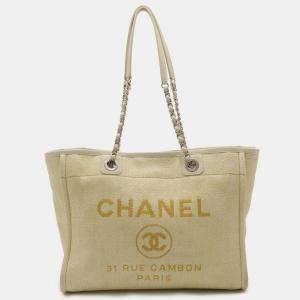 CHANEL Yellow Canvas Deauville Medium Tote MM Bag 