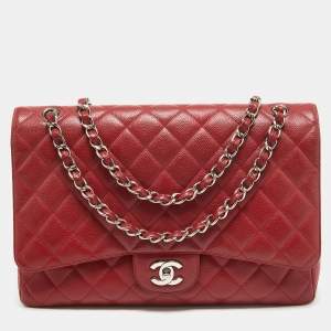 Pre Owned Chanel Red Quilted Caviar Leather Maxi Classic Single Flap Bag