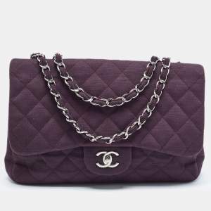 Pre Owned Chanel Dark Purple Quilted Jersey Jumbo Classic Single Flap Bag