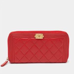 Chanel Red Quilted Leather Boy Zip Around Wallet