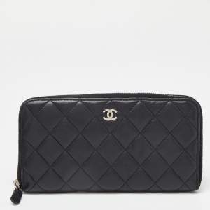 Chanel Black Quilted Leather CC Zip Around Wallet 