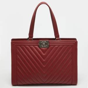 Chanel Red Chevron Quilted Leather Large Boy Shopper Tote