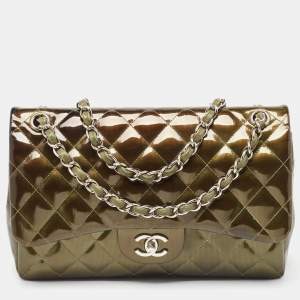 Pre Owned Chanel Green Quilted Patent Leather Jumbo Classic Double Flap Bag