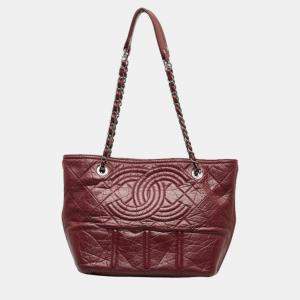 Chanel Red Leather Aged Lambskin Shopping Tote