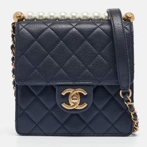 Chanel Navy Blue Quilted Leather Chic Pearls Flap Bag