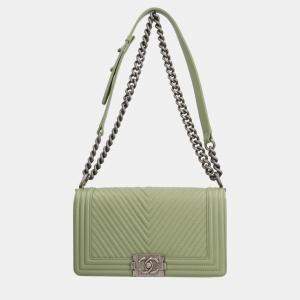 Chanel Green Chevron Leather Medium Boy Flap Bag